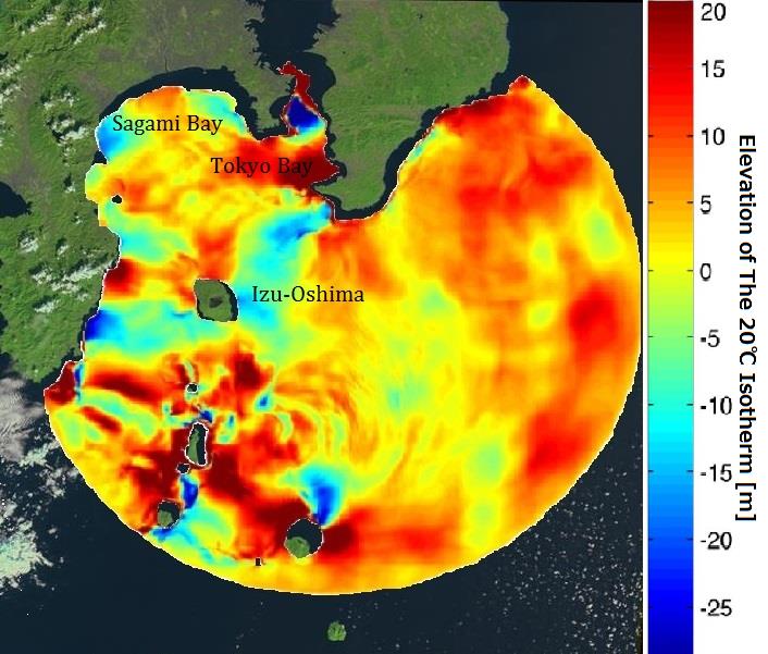 伊豆大島周辺の衛星画像に、モデル結果を重ねた図