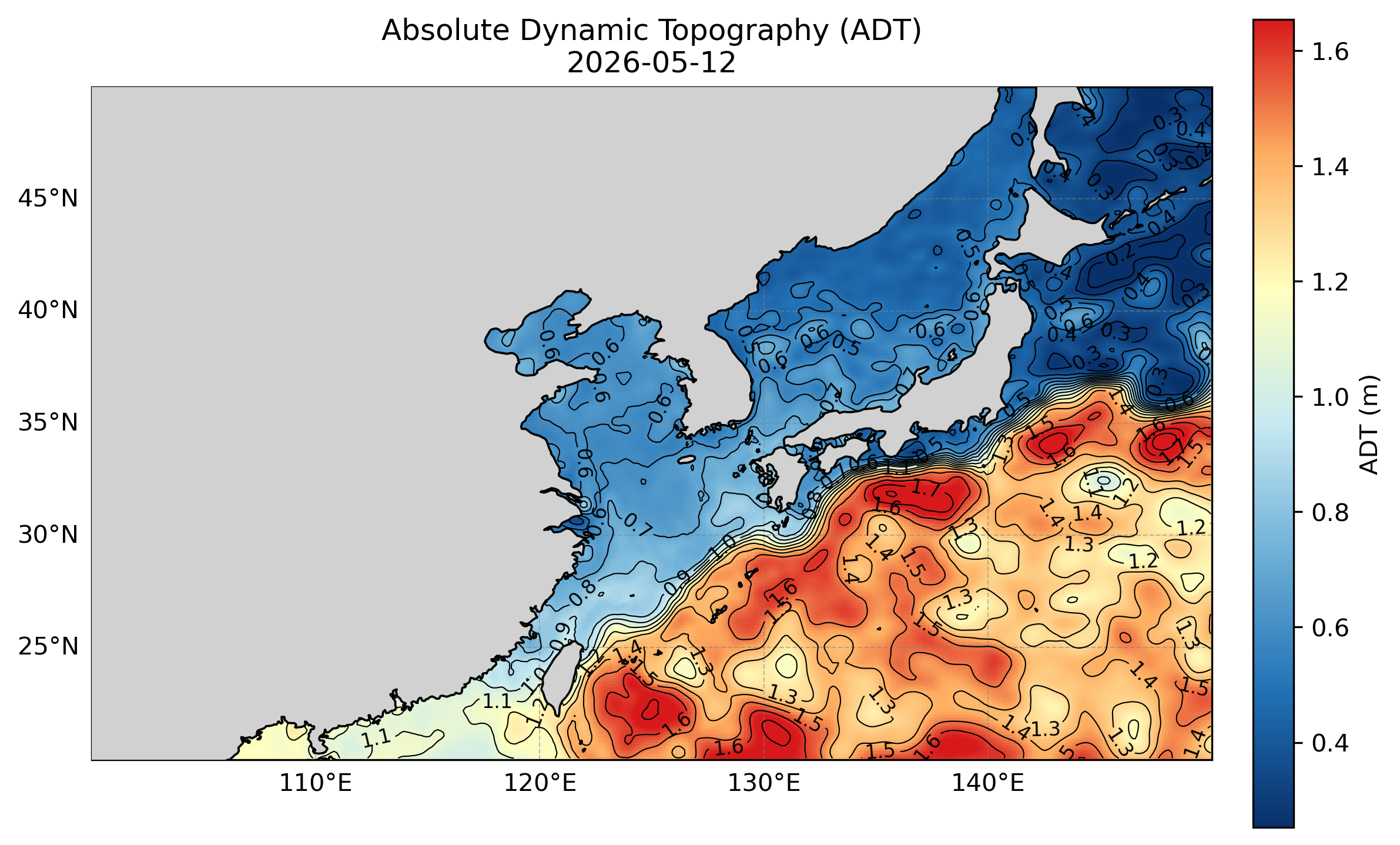 図4. ADT(Absolute Dynamic Topography)。黒潮は海面高度の等値線が密な帯として見える。