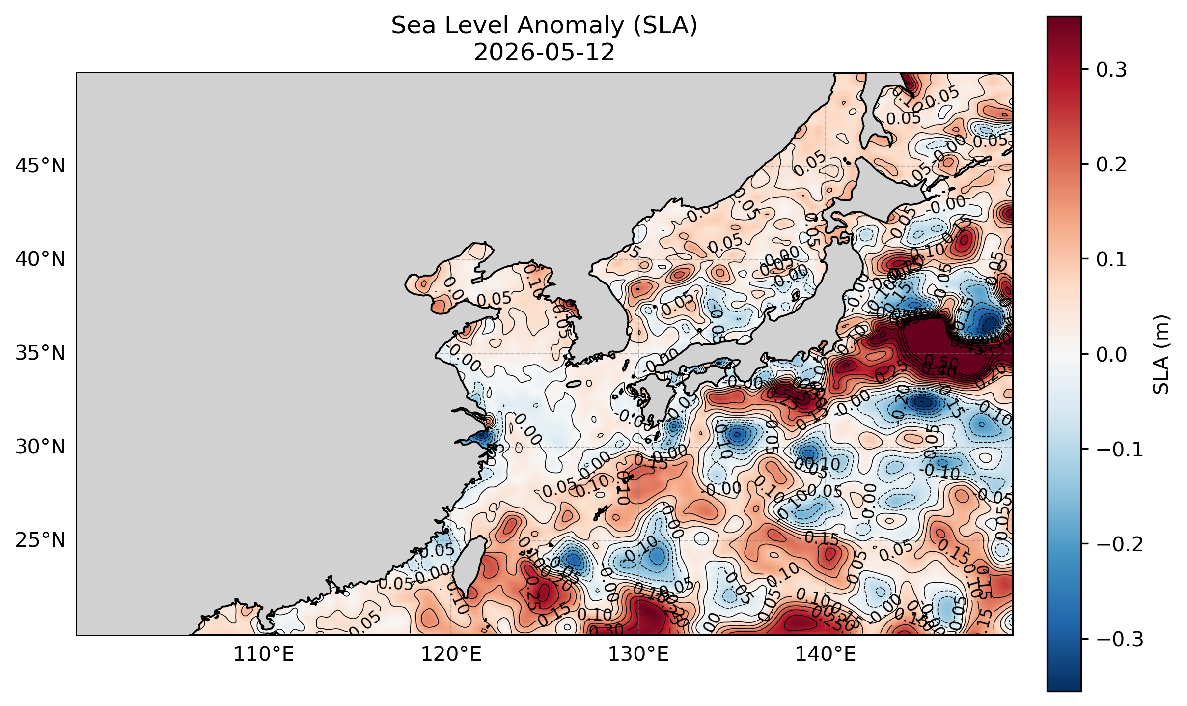 図5. SLA(Sea Level Anomaly)。平均場からの偏差として、黒潮蛇行や渦構造が見える。