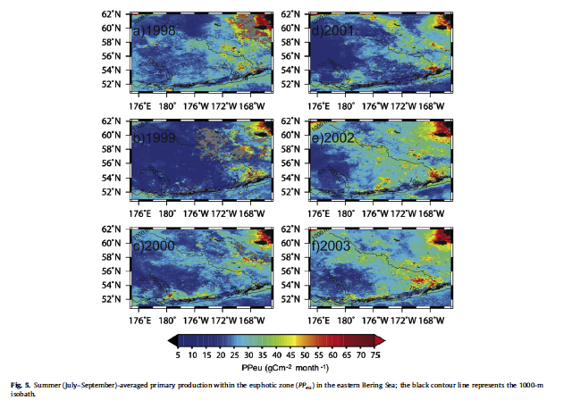 Mizobata et al. 2008 figure of summer primary production in the eastern Bering Sea