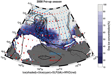 M_MAP を使った海氷・風・海面気圧の図