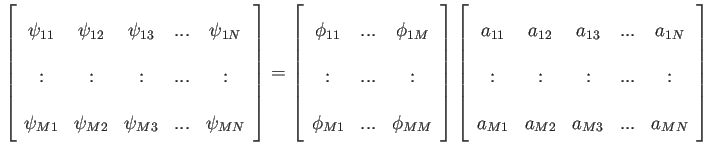 $\displaystyle \left[ \begin{array}{ccccc} \psi_{11} & \psi_{12} & \psi_{13} & ....
...& :& : & ... & :  a_{M1} & a_{M2} & a_{M3} & ... & a_{MN} \end{array} \right]$