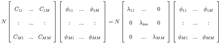 $\displaystyle N\left[ \begin{array}{ccc} C_{11} & ... & C_{1M}  : & ... & : \...
.... & \phi_{1M}  : & ... & :  \phi_{M1} & ... & \phi_{MM} \end{array} \right]$